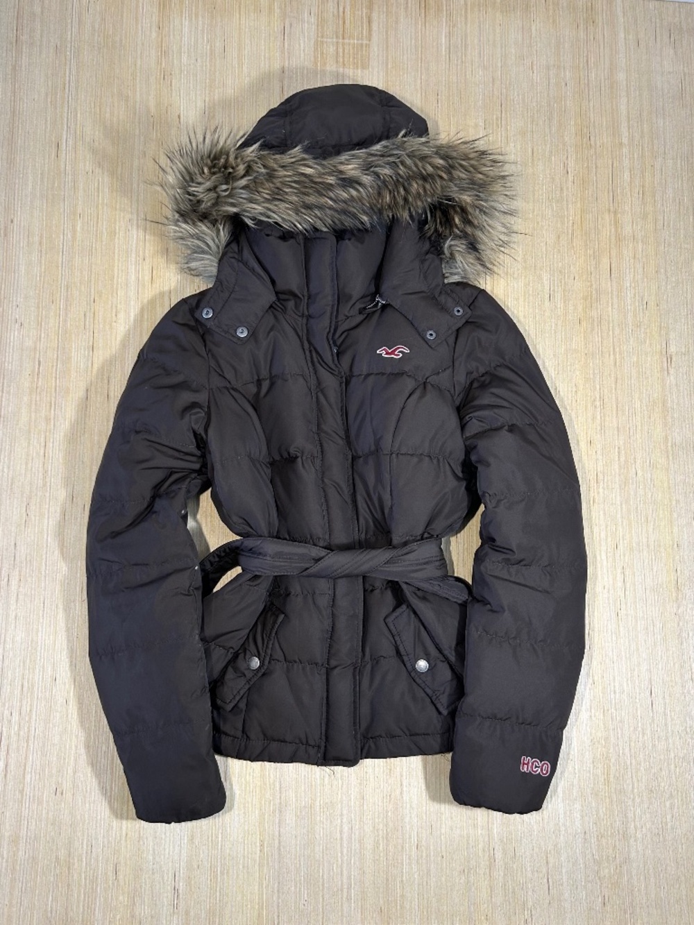 Vintage Y2K Hollister Down Feather Puffer Jacket Womens Small Faux Fur Hood
